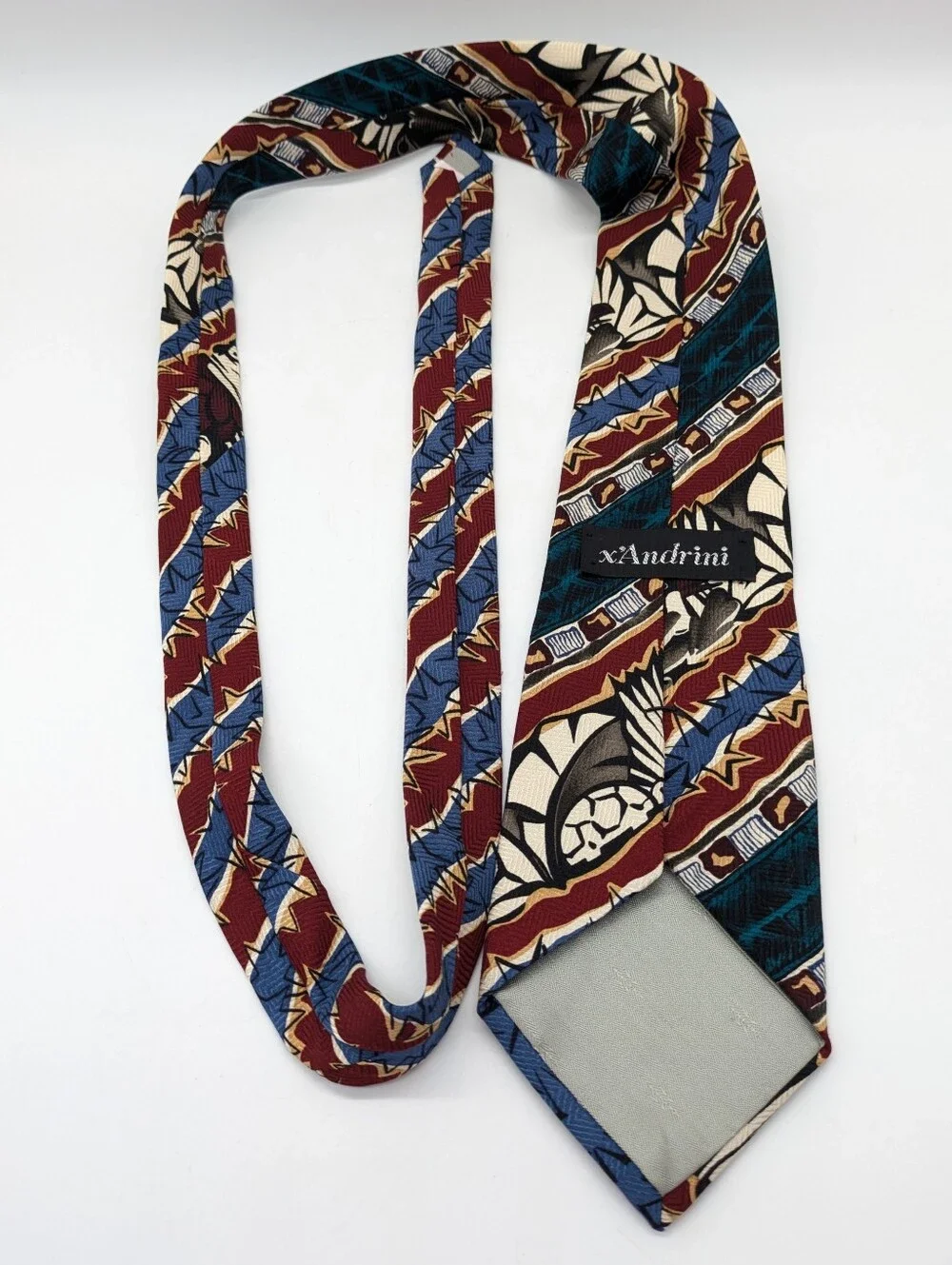 Vintage X'Andrini Red Blue Turtle Bird Star Silk Tie